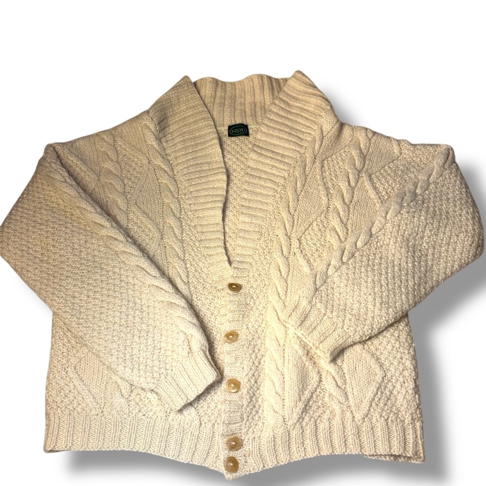 Vintage IZOD Fisherman Wool Cardigan Sweater Cream Shawl Collar Cable Knit Large